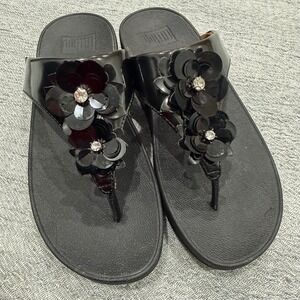 FitFlop Lulu Flower Black Patent Leather Thong Sequin Sandals Size US 7 Comfort
